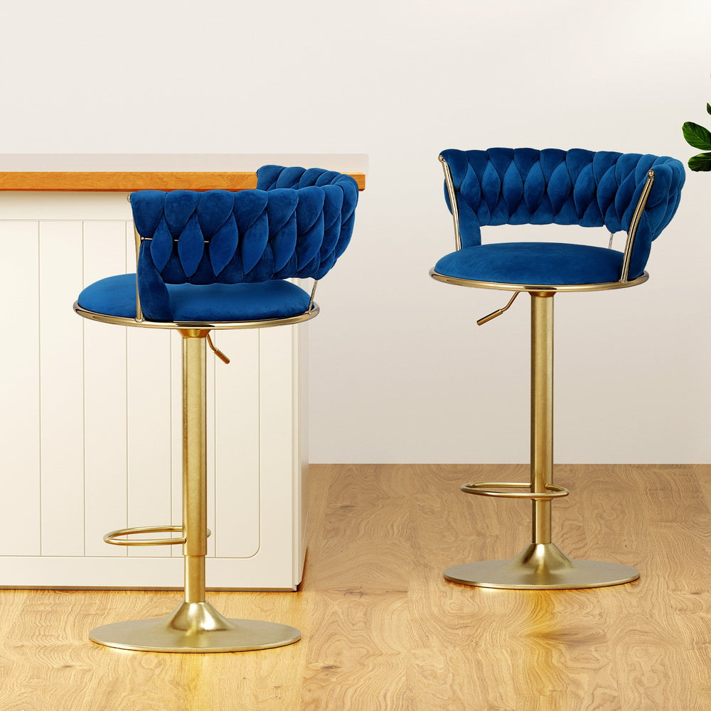 Vivien Velvet Woven with Gas Lift Bar Stools - Navy (Set of 2)