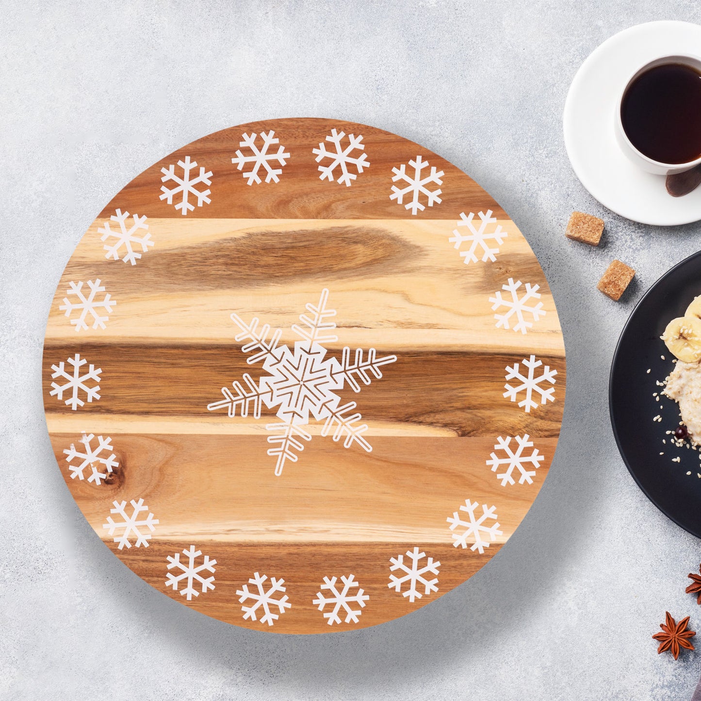 Wooden Lazy Susan Tray - White Snowflake