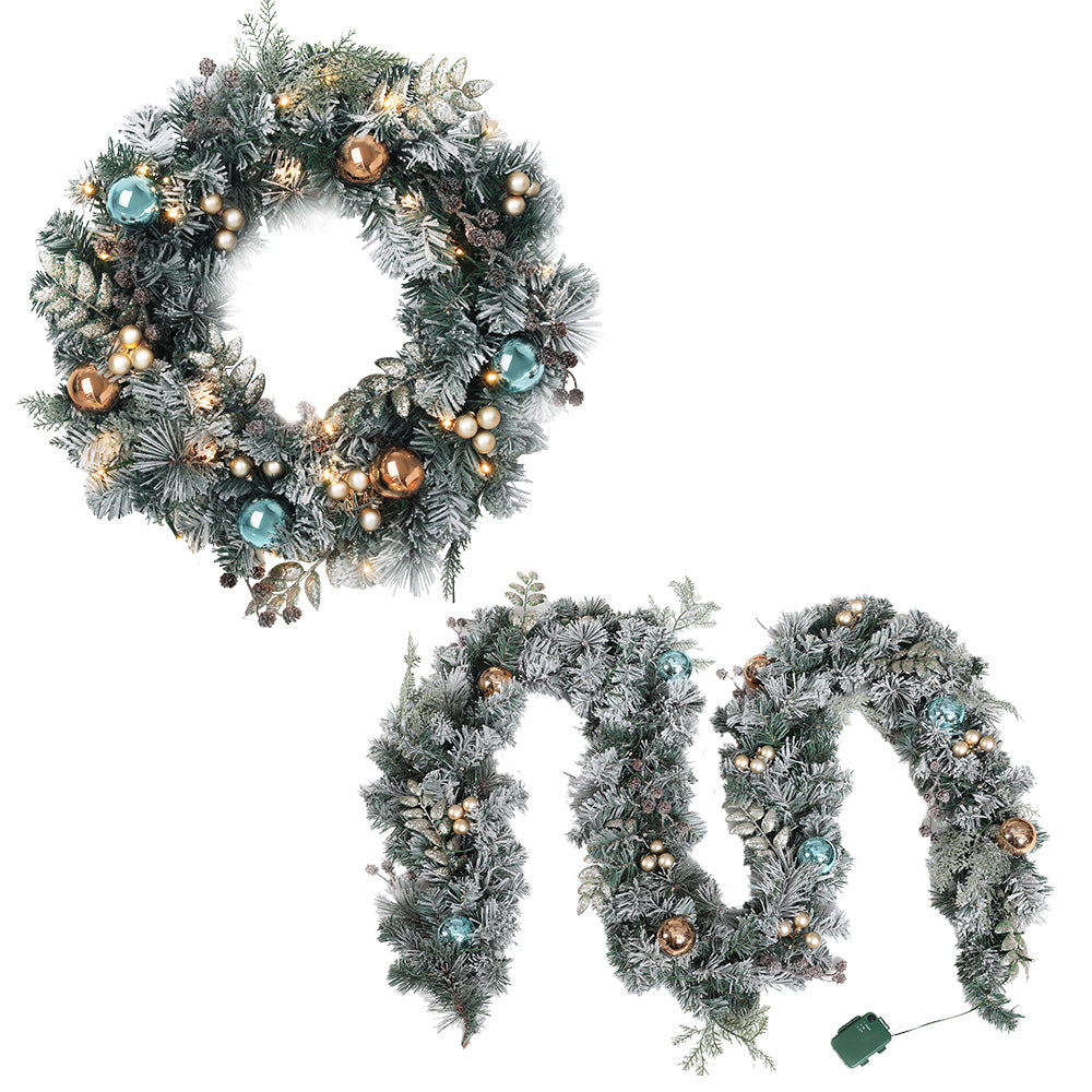 Garland & Wreath Set with LED Lights - Snowy