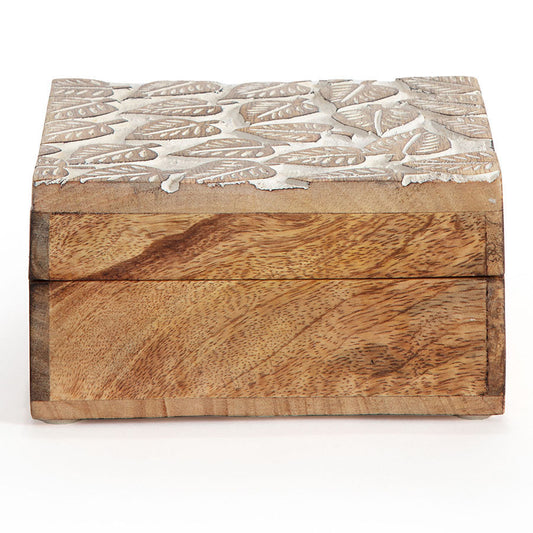 Square Mango Wood Embossed Leaves Box