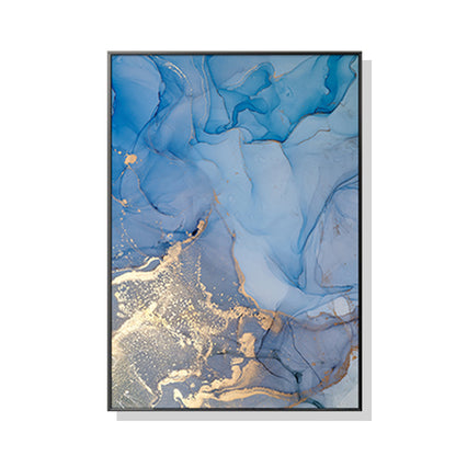 Light Blue Marble With Gold Splash Black Frame Canvas Wall Art