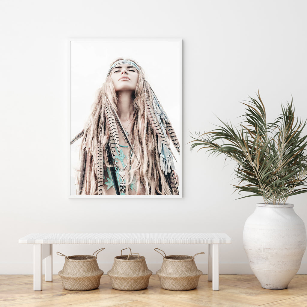 Boho Girl White Frame Canvas Wall Art