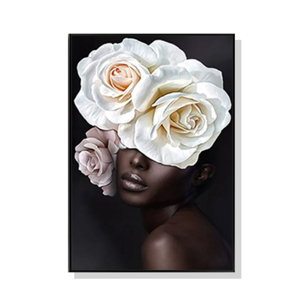 Flower African Woman Black Frame Canvas Wall Art