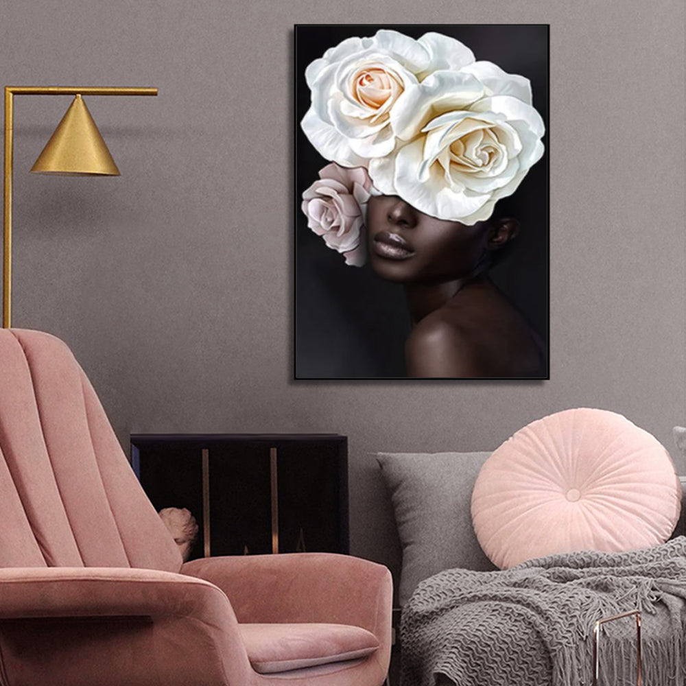 Flower African Woman Black Frame Canvas Wall Art